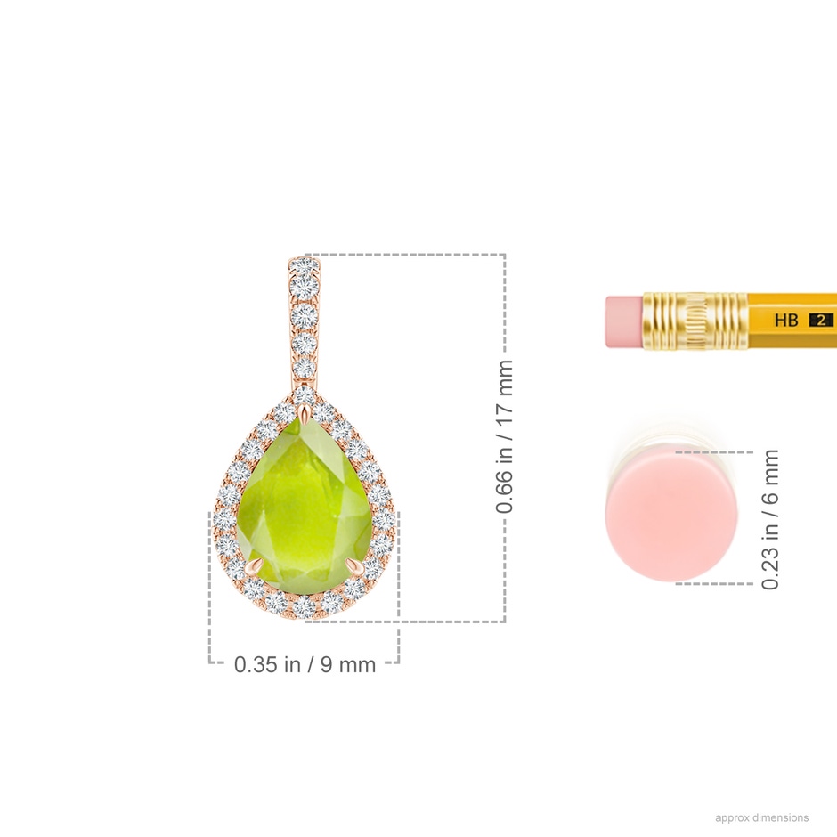 8x6mm A Peridot Teardrop Pendant with Diamond Halo in Rose Gold ruler