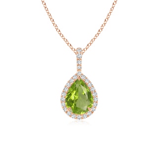 8x6mm AA Peridot Teardrop Pendant with Diamond Halo in Rose Gold