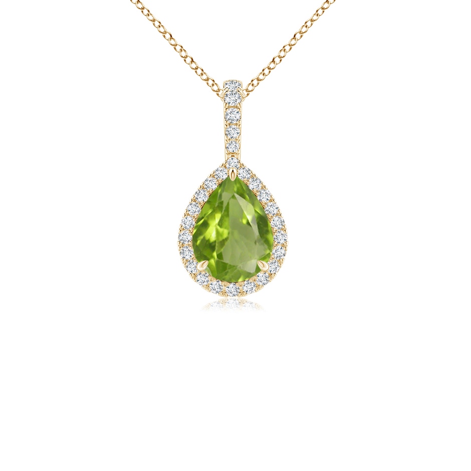 8x6mm AA Peridot Teardrop Pendant with Diamond Halo in Yellow Gold 