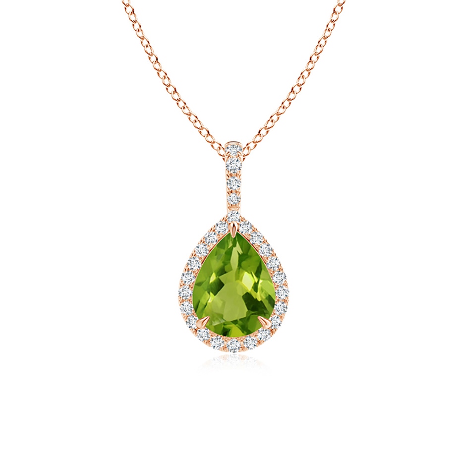 8x6mm AAAA Peridot Teardrop Pendant with Diamond Halo in Rose Gold 