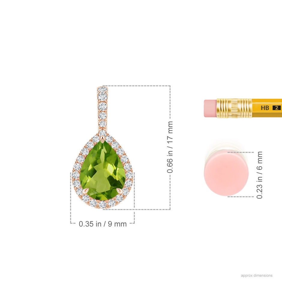 8x6mm AAAA Peridot Teardrop Pendant with Diamond Halo in Rose Gold ruler