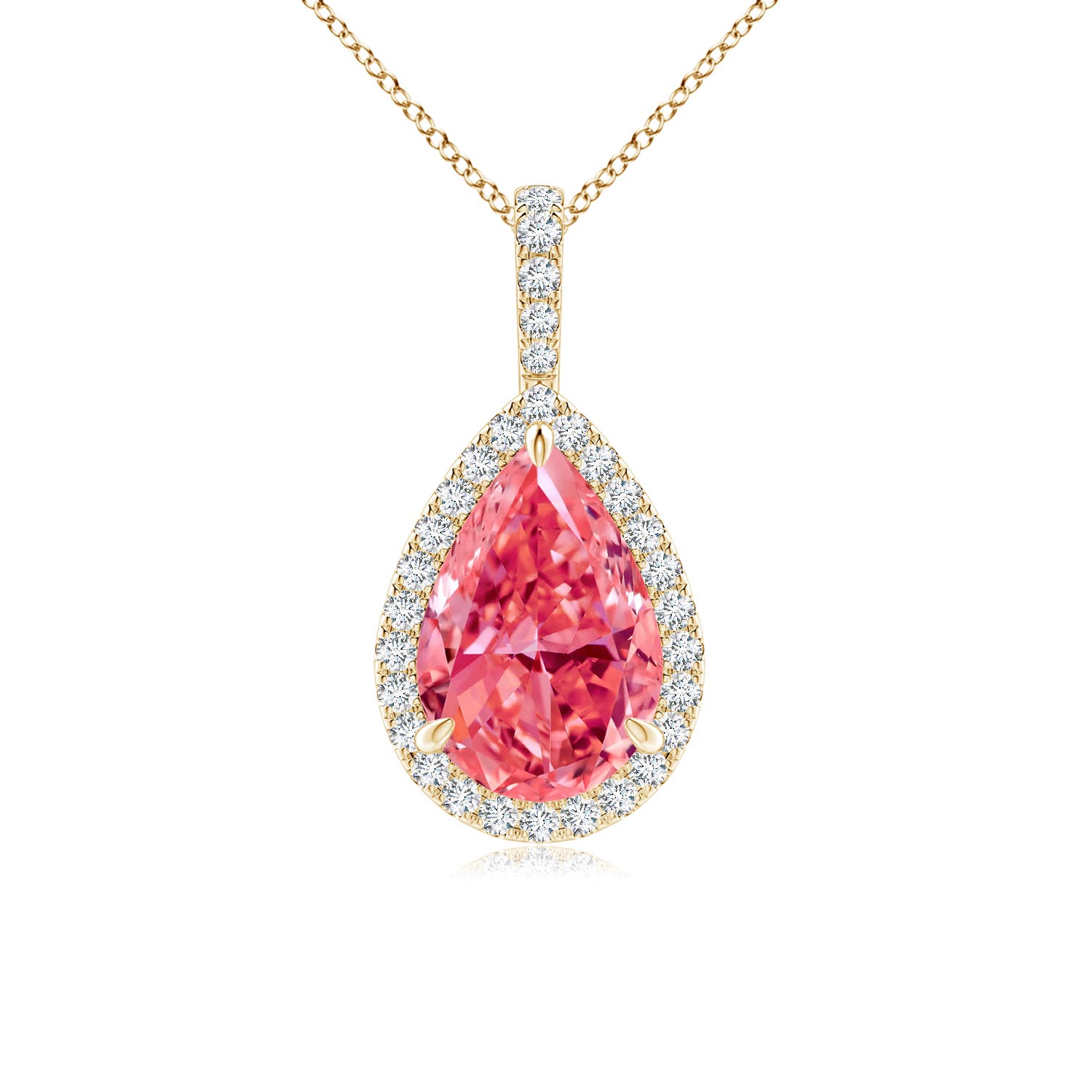 Angara 3.25 CTW Fancy Intense Fancy Intense Pink Diamond Teardrop Pendant with Halo in 14K Yellow Gold