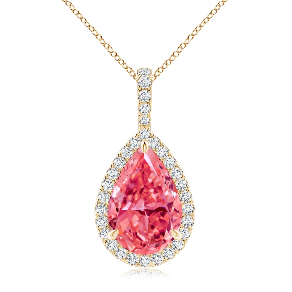 12x8mm AAAA Fancy Intense Fancy Intense Pink Diamond Teardrop Pendant with Halo in Yellow Gold