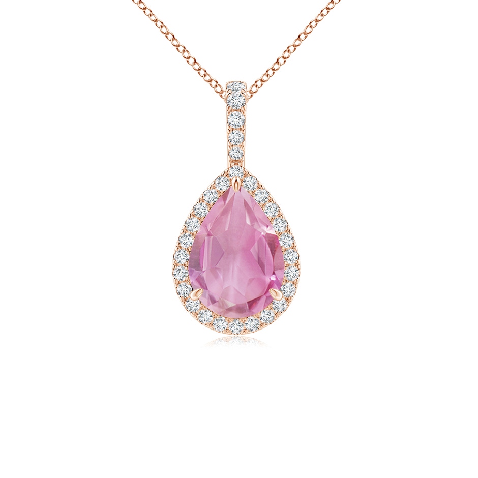 10x7mm A Pink Tourmaline Teardrop Pendant with Diamond Halo in Rose Gold 