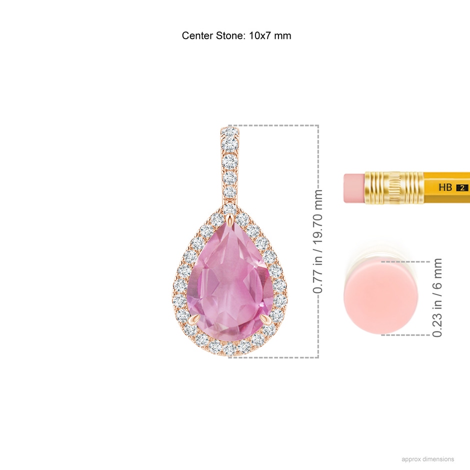 10x7mm A Pink Tourmaline Teardrop Pendant with Diamond Halo in Rose Gold ruler