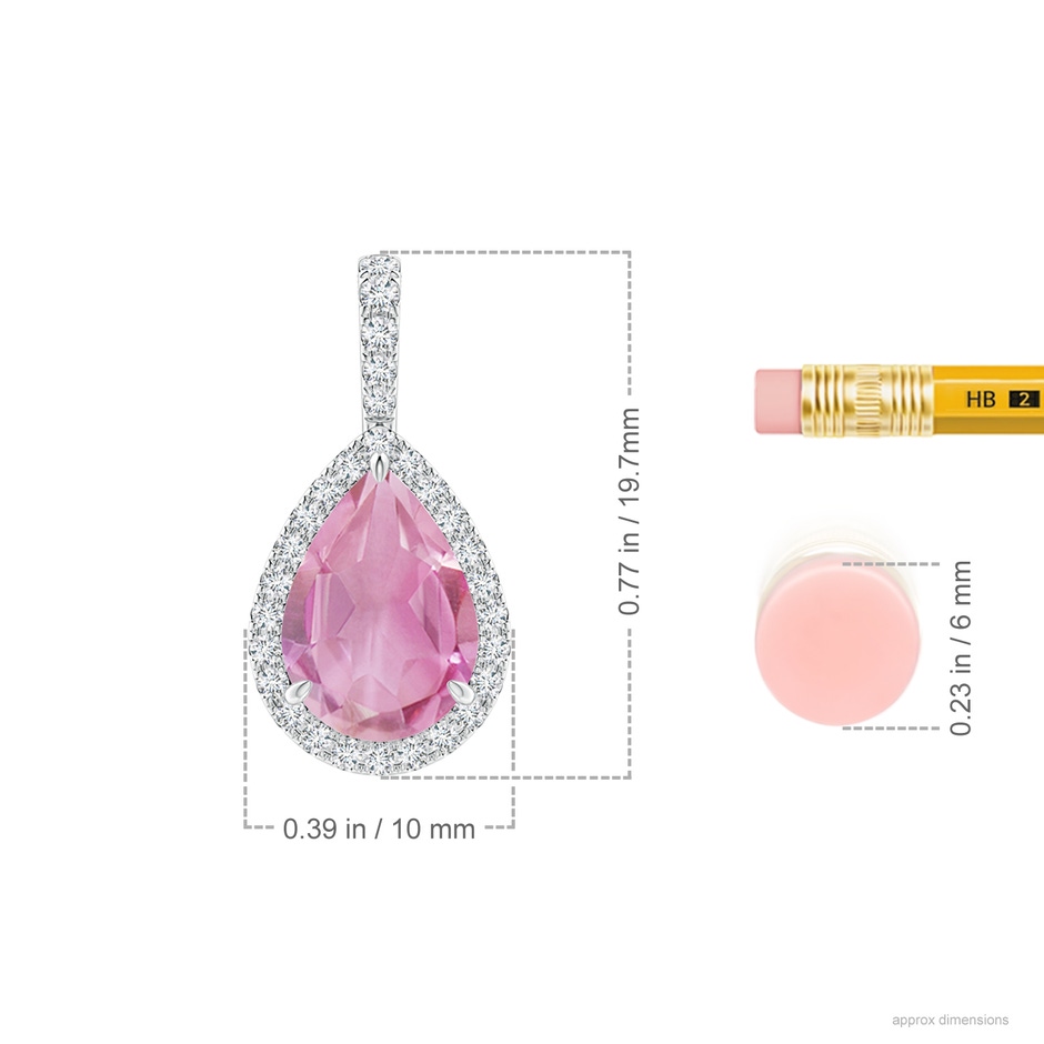 10x7mm A Pink Tourmaline Teardrop Pendant with Diamond Halo in White Gold ruler