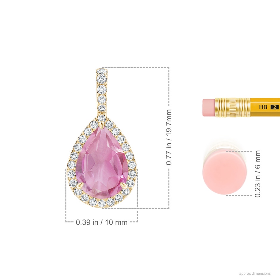 10x7mm A Pink Tourmaline Teardrop Pendant with Diamond Halo in Yellow Gold ruler
