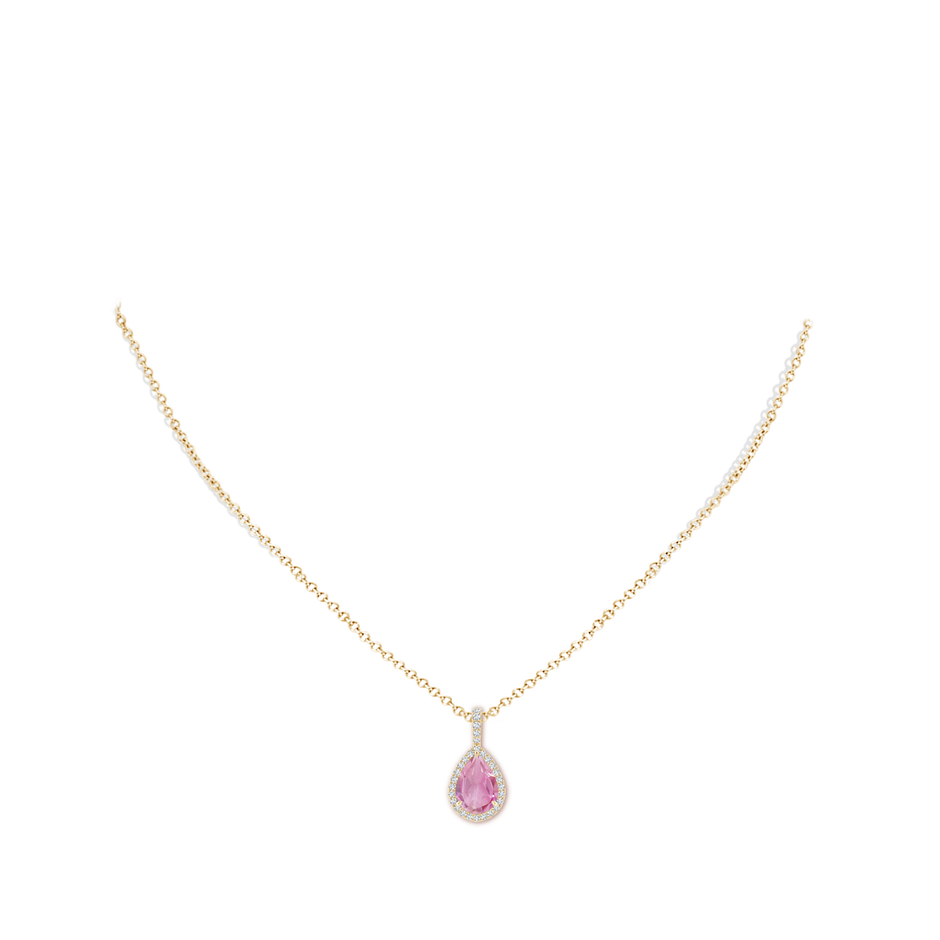 10x7mm A Pink Tourmaline Teardrop Pendant with Diamond Halo in Yellow Gold pen