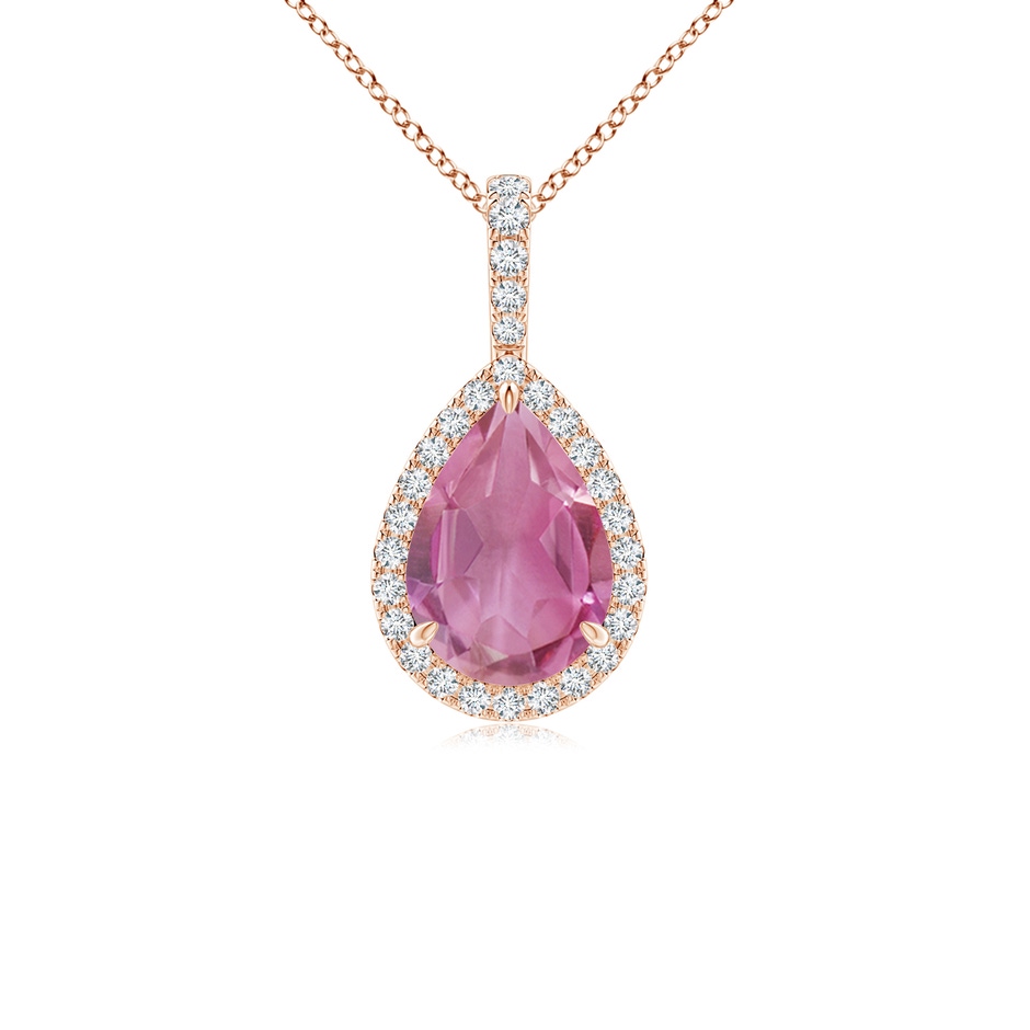 10x7mm AA Pink Tourmaline Teardrop Pendant with Diamond Halo in Rose Gold 