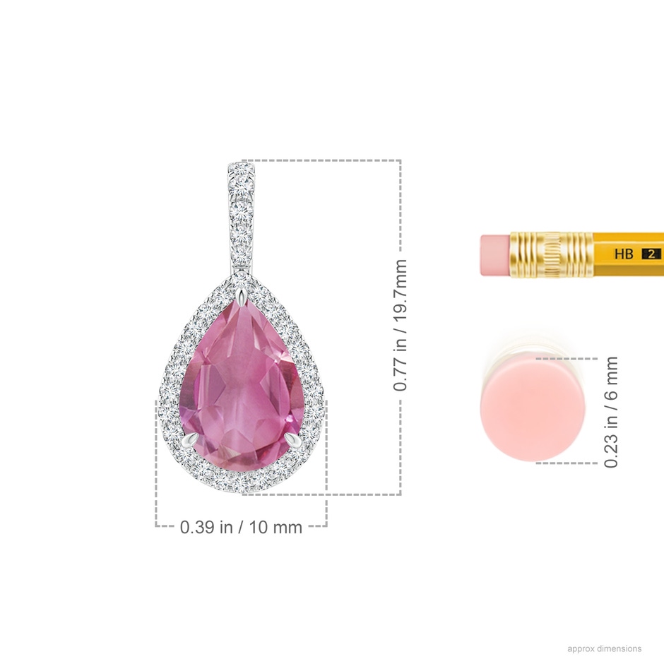 10x7mm AA Pink Tourmaline Teardrop Pendant with Diamond Halo in White Gold ruler