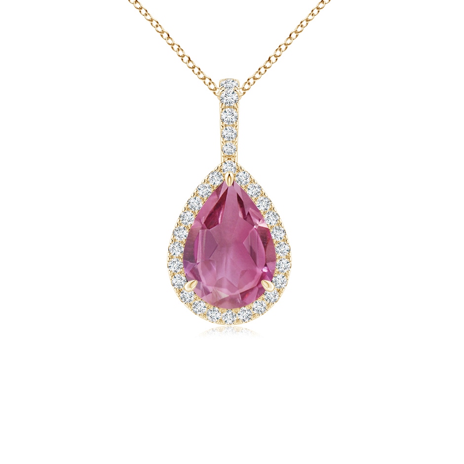 10x7mm AAA Pink Tourmaline Teardrop Pendant with Diamond Halo in Yellow Gold 