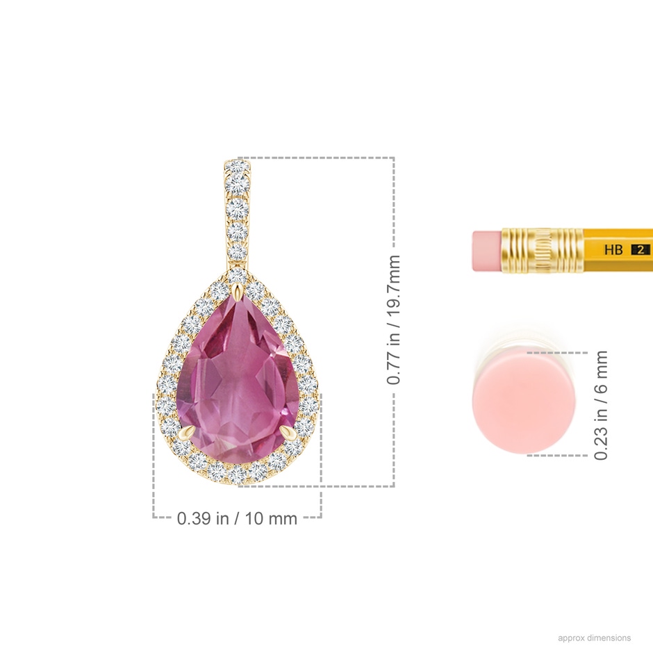 10x7mm AAA Pink Tourmaline Teardrop Pendant with Diamond Halo in Yellow Gold ruler