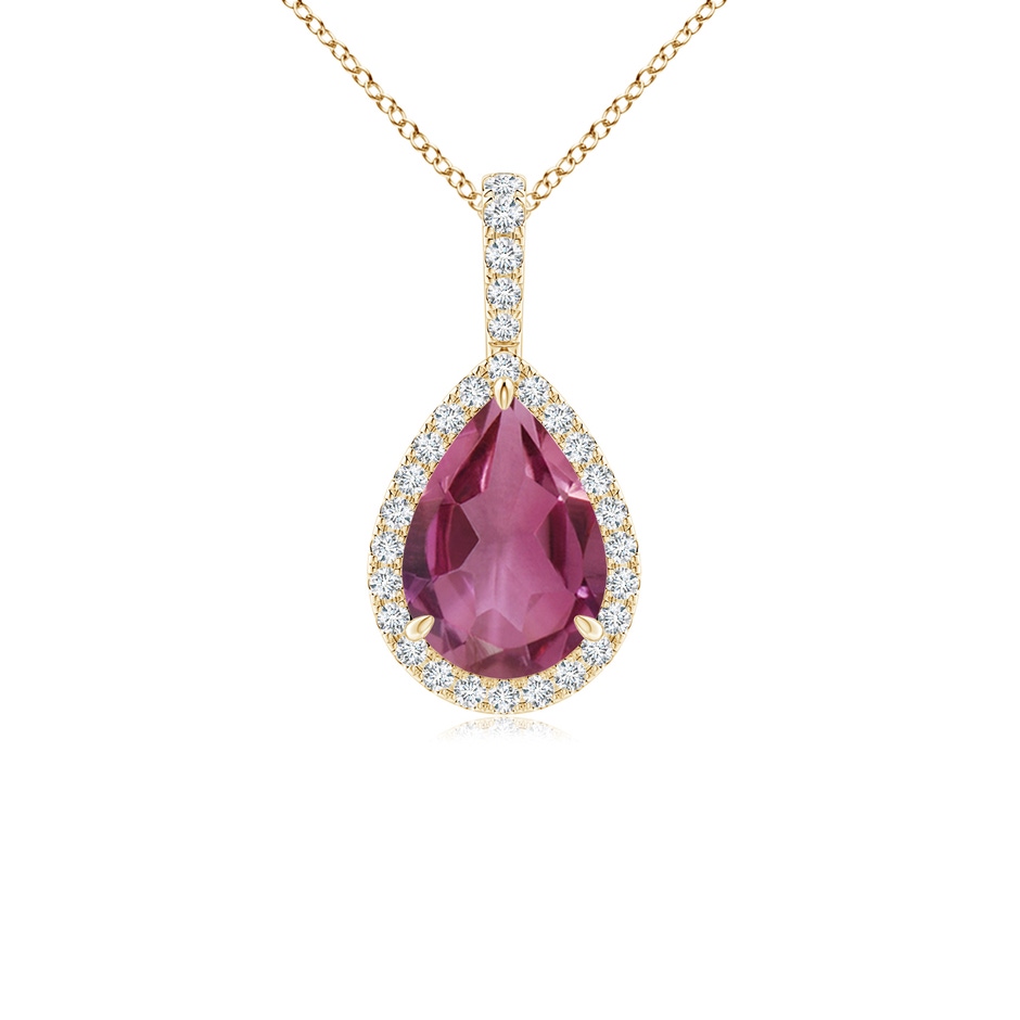 10x7mm AAAA Pink Tourmaline Teardrop Pendant with Diamond Halo in 18K Yellow Gold 