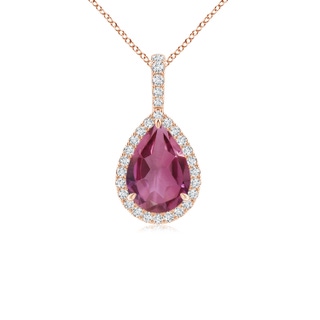10x7mm AAAA Pink Tourmaline Teardrop Pendant with Diamond Halo in 9K Rose Gold