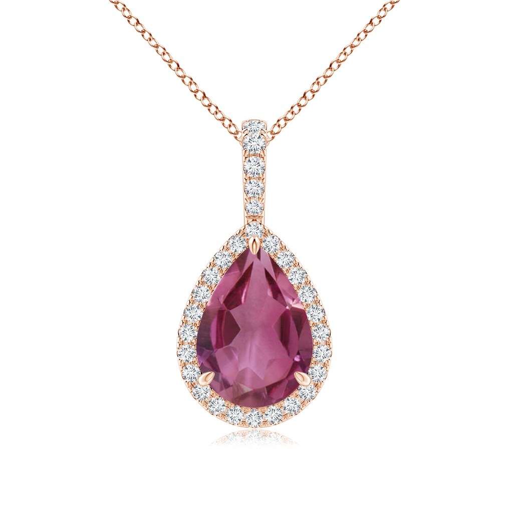 10x7mm AAAA Pink Tourmaline Teardrop Pendant with Diamond Halo in Rose Gold