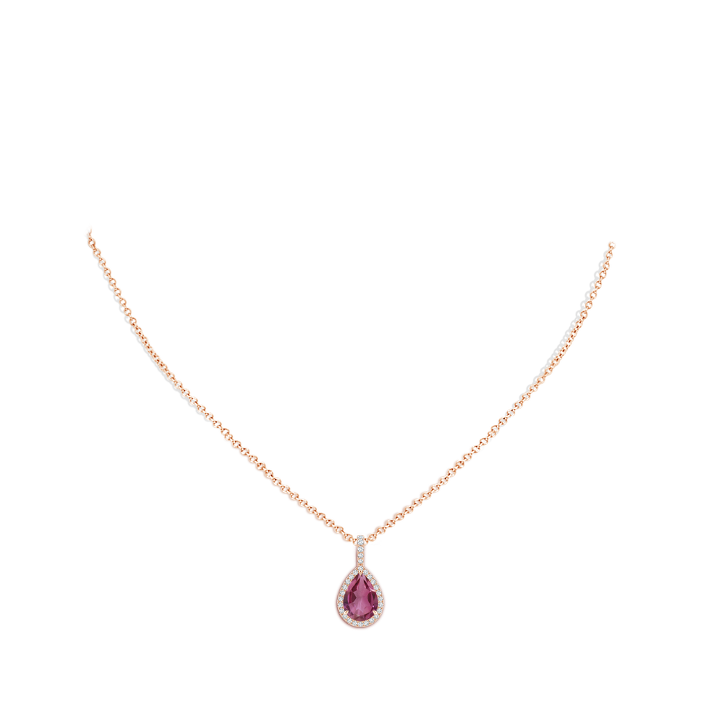 10x7mm AAAA Pink Tourmaline Teardrop Pendant with Diamond Halo in Rose Gold Body-Neck