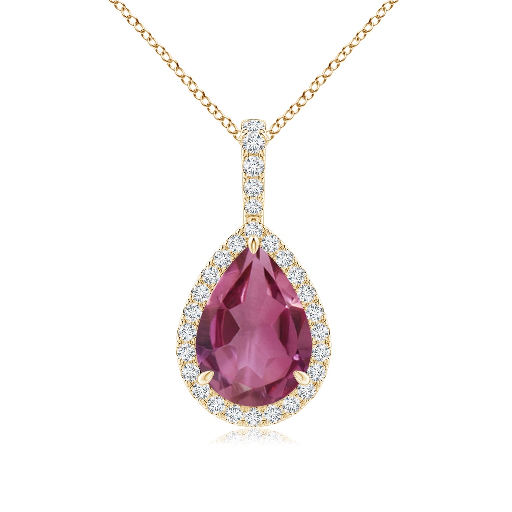 10x7mm AAAA Pink Tourmaline Teardrop Pendant with Diamond Halo in Yellow Gold