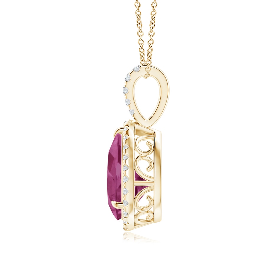 10x7mm AAAA Pink Tourmaline Teardrop Pendant with Diamond Halo in Yellow Gold side-1