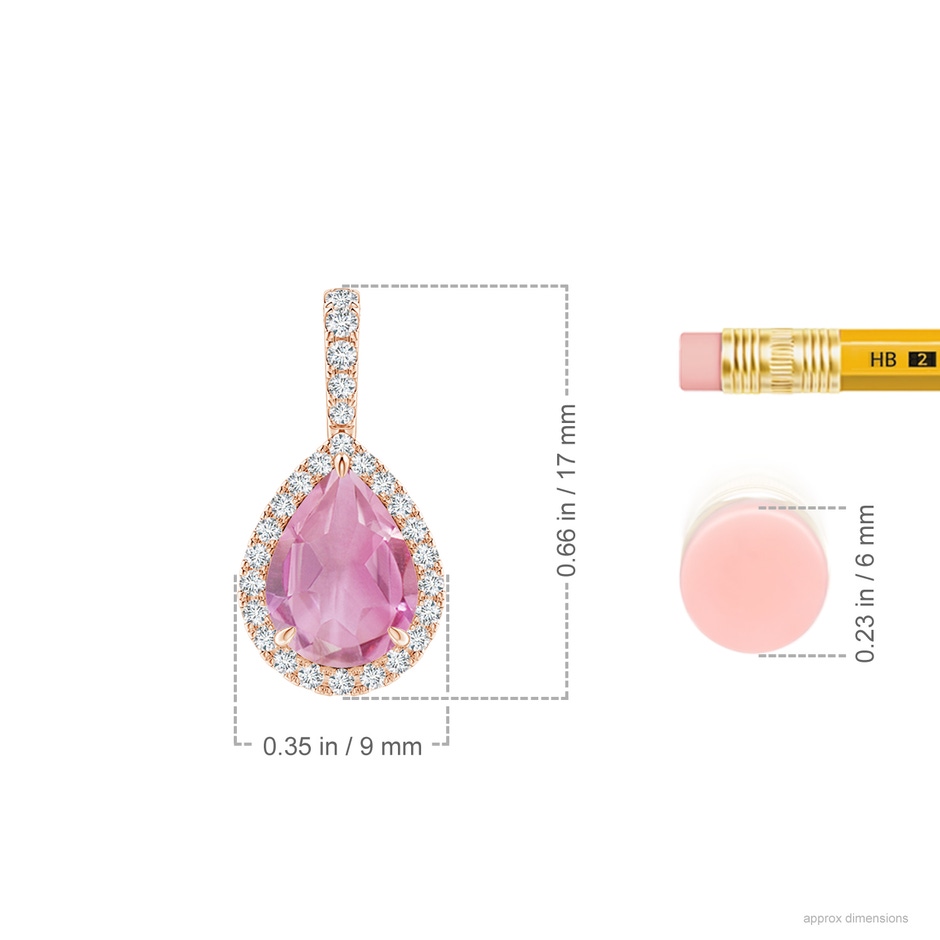 8x6mm A Pink Tourmaline Teardrop Pendant with Diamond Halo in 9K Rose Gold ruler
