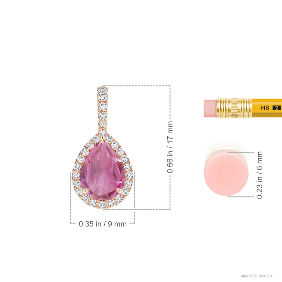 8x6mm AA Pink Tourmaline Teardrop Pendant with Diamond Halo in 18K Rose Gold ruler