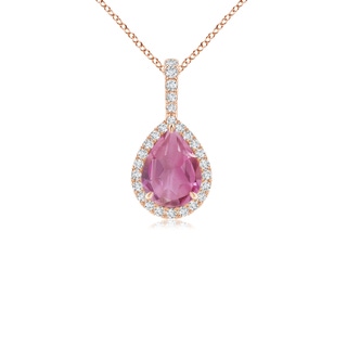 8x6mm AA Pink Tourmaline Teardrop Pendant with Diamond Halo in Rose Gold