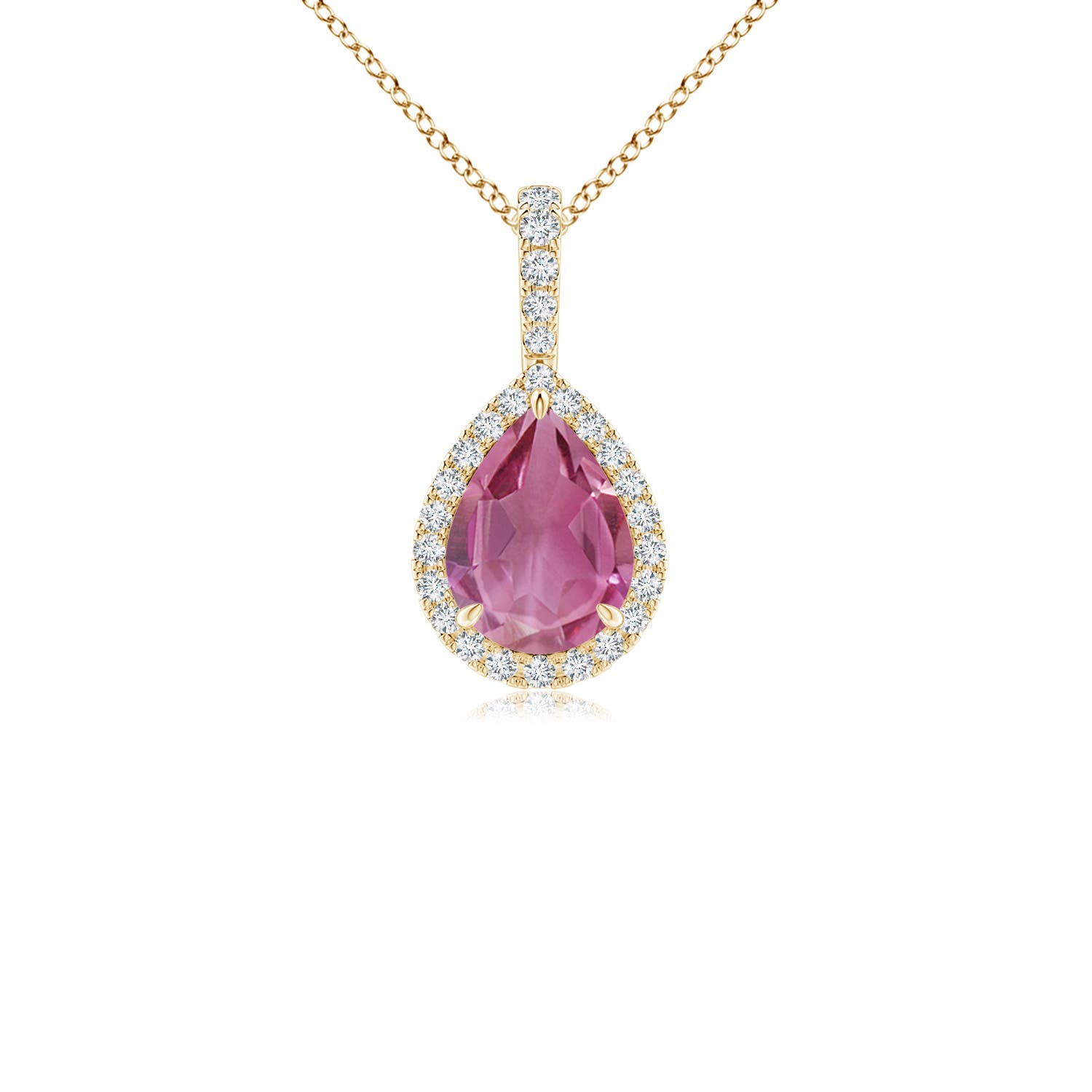8x6mm AAA Pink Tourmaline Teardrop Pendant with Diamond Halo in 18K Yellow Gold