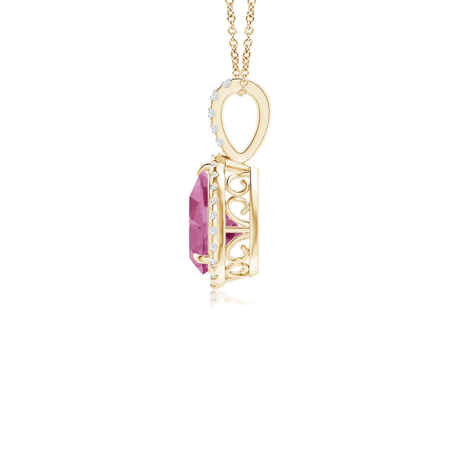 8x6mm AAA Pink Tourmaline Teardrop Pendant with Diamond Halo in 18K Yellow Gold