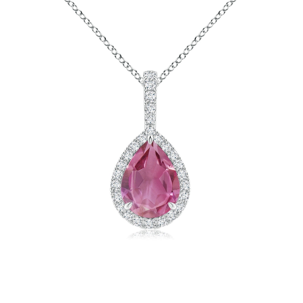 8x6mm AAA Pink Tourmaline Teardrop Pendant with Diamond Halo in White Gold