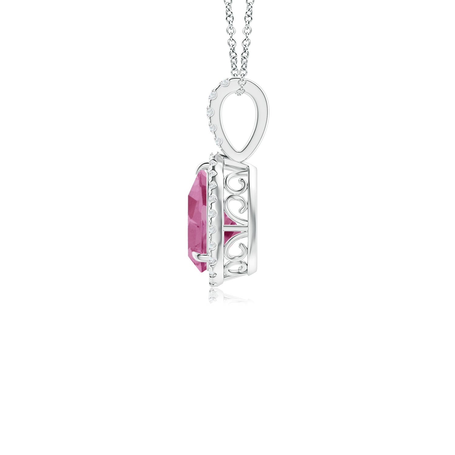 8x6mm AAA Pink Tourmaline Teardrop Pendant with Diamond Halo in White Gold - side 2
