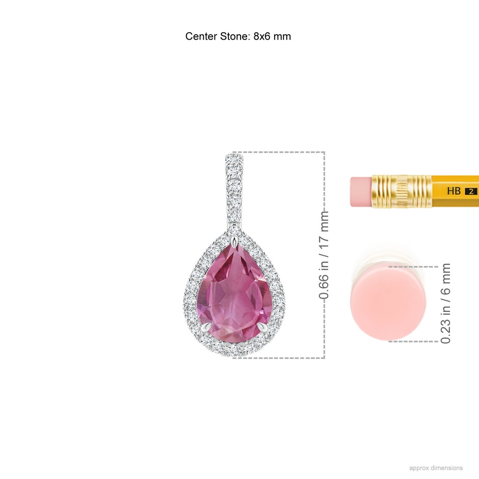 8x6mm AAA Pink Tourmaline Teardrop Pendant with Diamond Halo in White Gold ruler