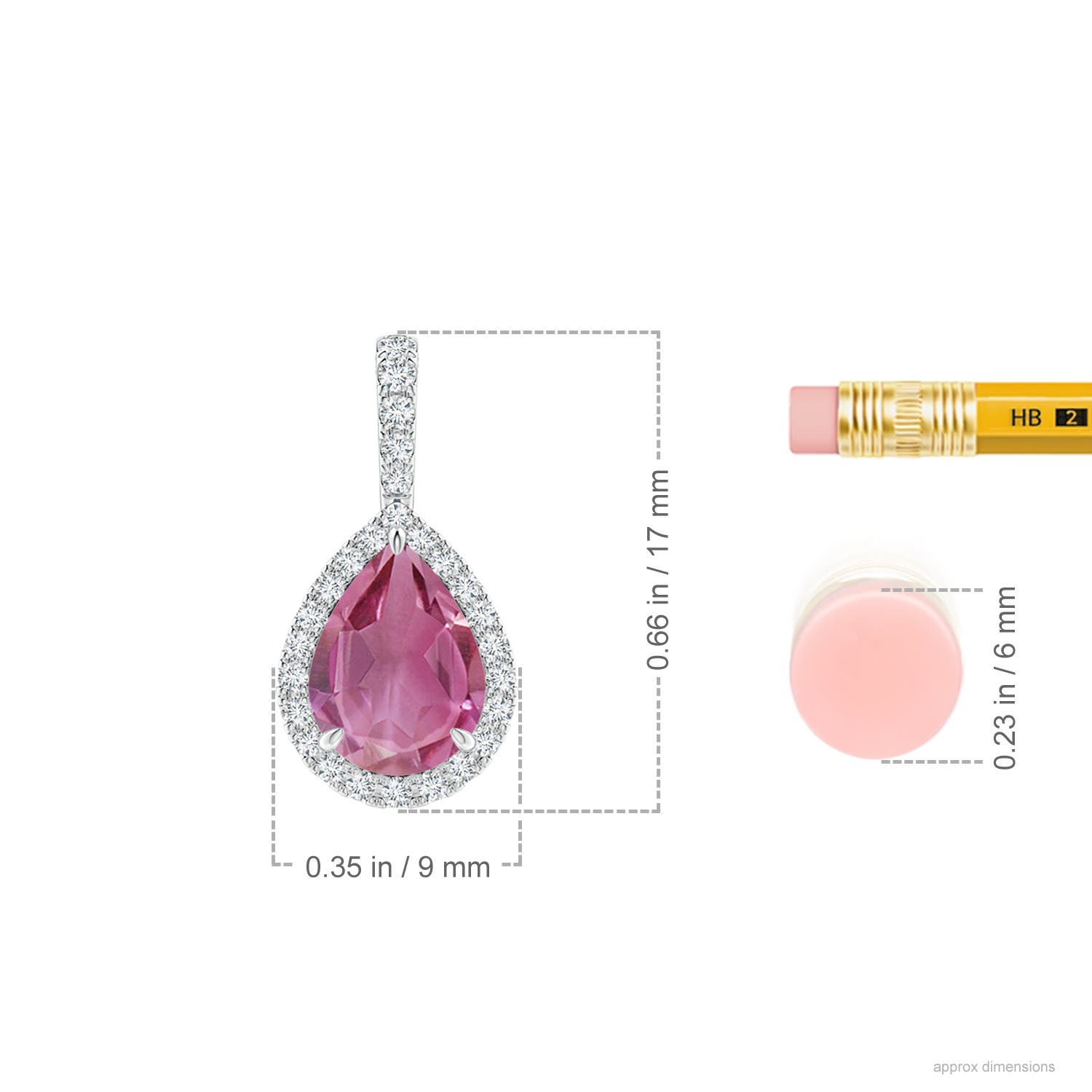 8x6mm AAA Pink Tourmaline Teardrop Pendant with Diamond Halo in White Gold - ruler