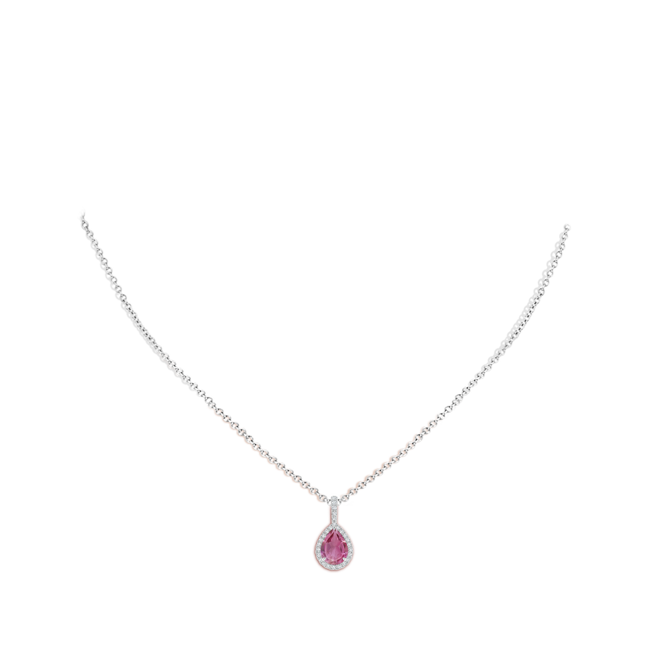 8x6mm AAA Pink Tourmaline Teardrop Pendant with Diamond Halo in White Gold body-neck