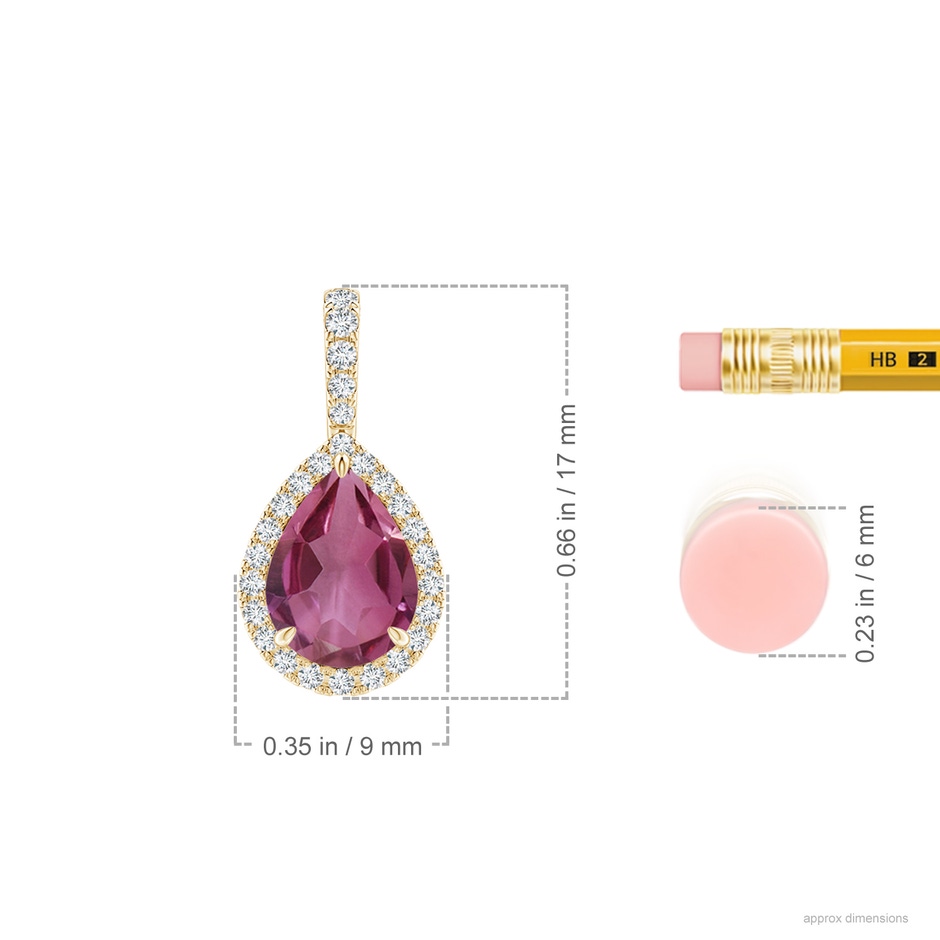 8x6mm AAAA Pink Tourmaline Teardrop Pendant with Diamond Halo in 18K Yellow Gold ruler