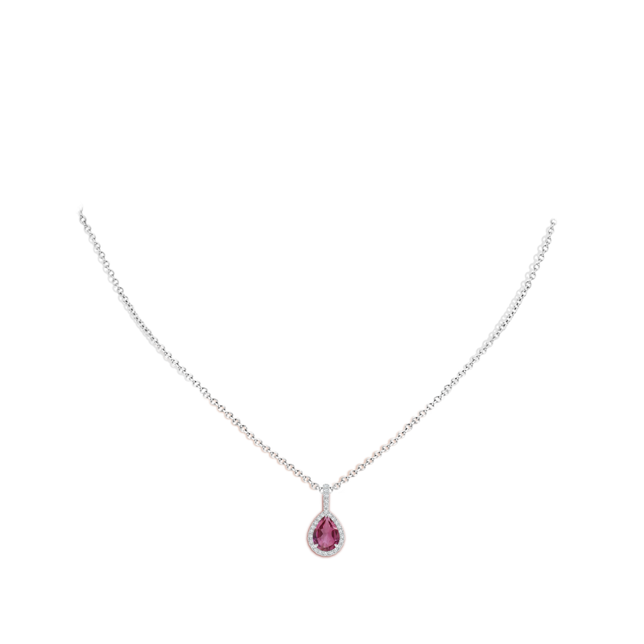 8x6mm AAAA Pink Tourmaline Teardrop Pendant with Diamond Halo in White Gold body-neck