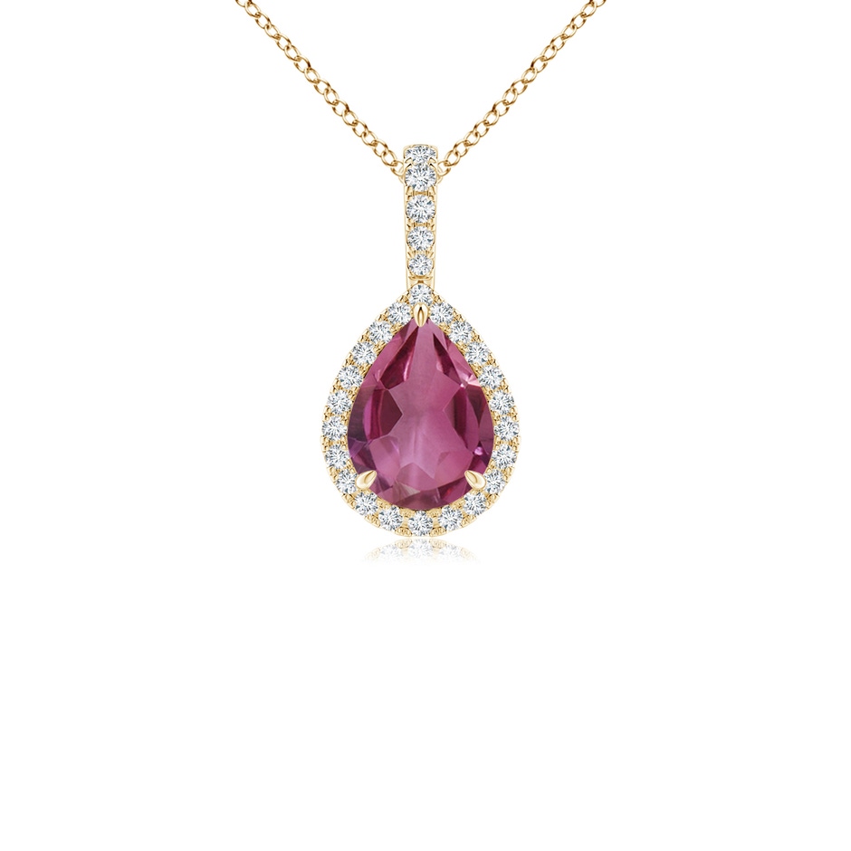 8x6mm AAAA Pink Tourmaline Teardrop Pendant with Diamond Halo in Yellow Gold 