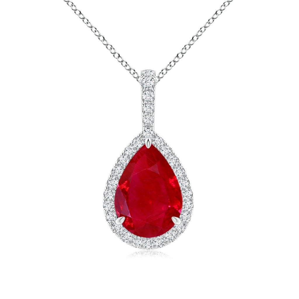 10x8mm AAA Ruby Teardrop Pendant with Diamond Halo in White Gold