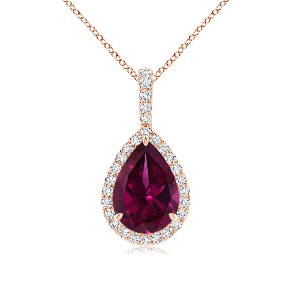 10x7mm AAAA Rhodolite Teardrop Pendant with Diamond Halo in Rose Gold