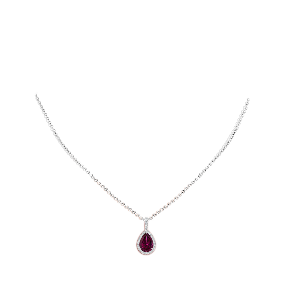 10x7mm AAAA Rhodolite Teardrop Pendant with Diamond Halo in White Gold body-neck