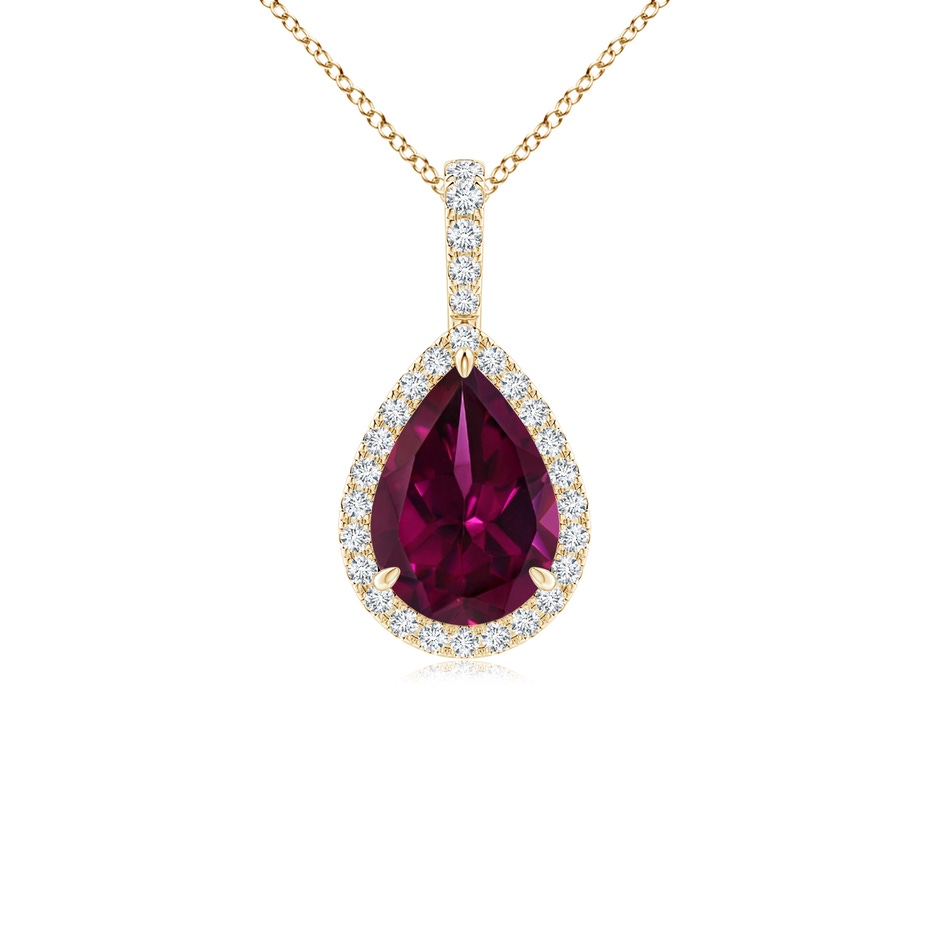 10x7mm AAAA Rhodolite Teardrop Pendant with Diamond Halo in Yellow Gold 