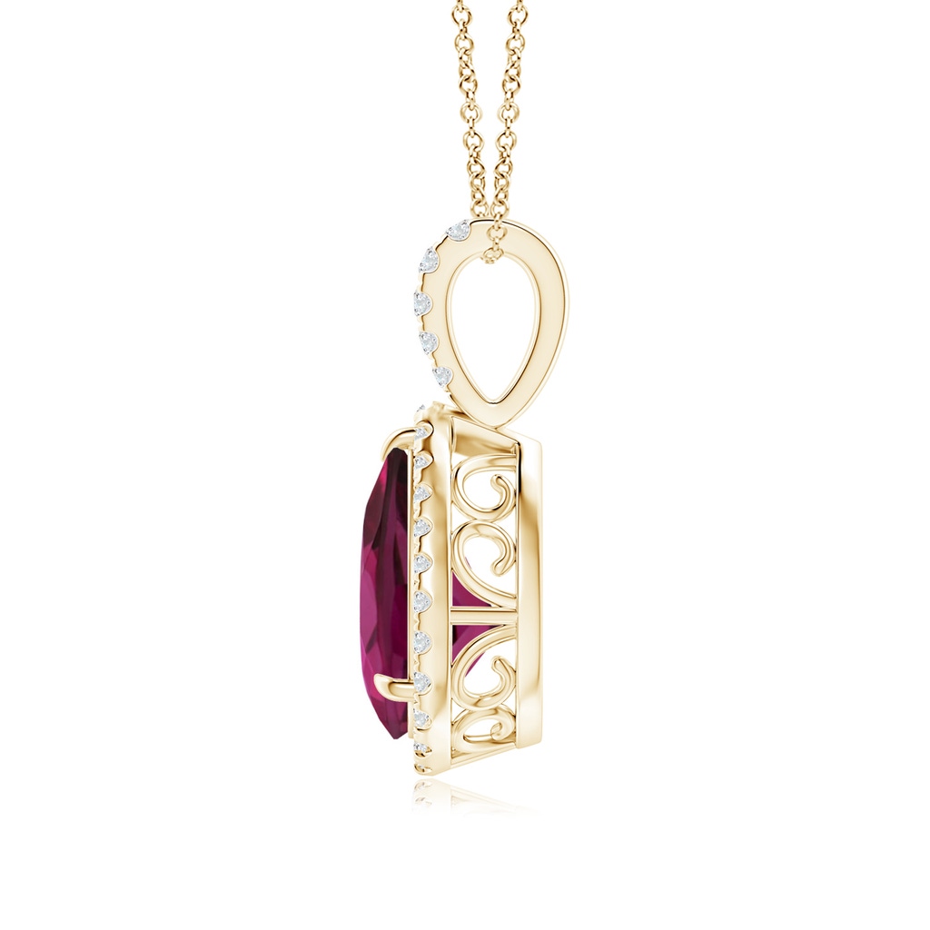 10x7mm AAAA Rhodolite Teardrop Pendant with Diamond Halo in Yellow Gold - side_1