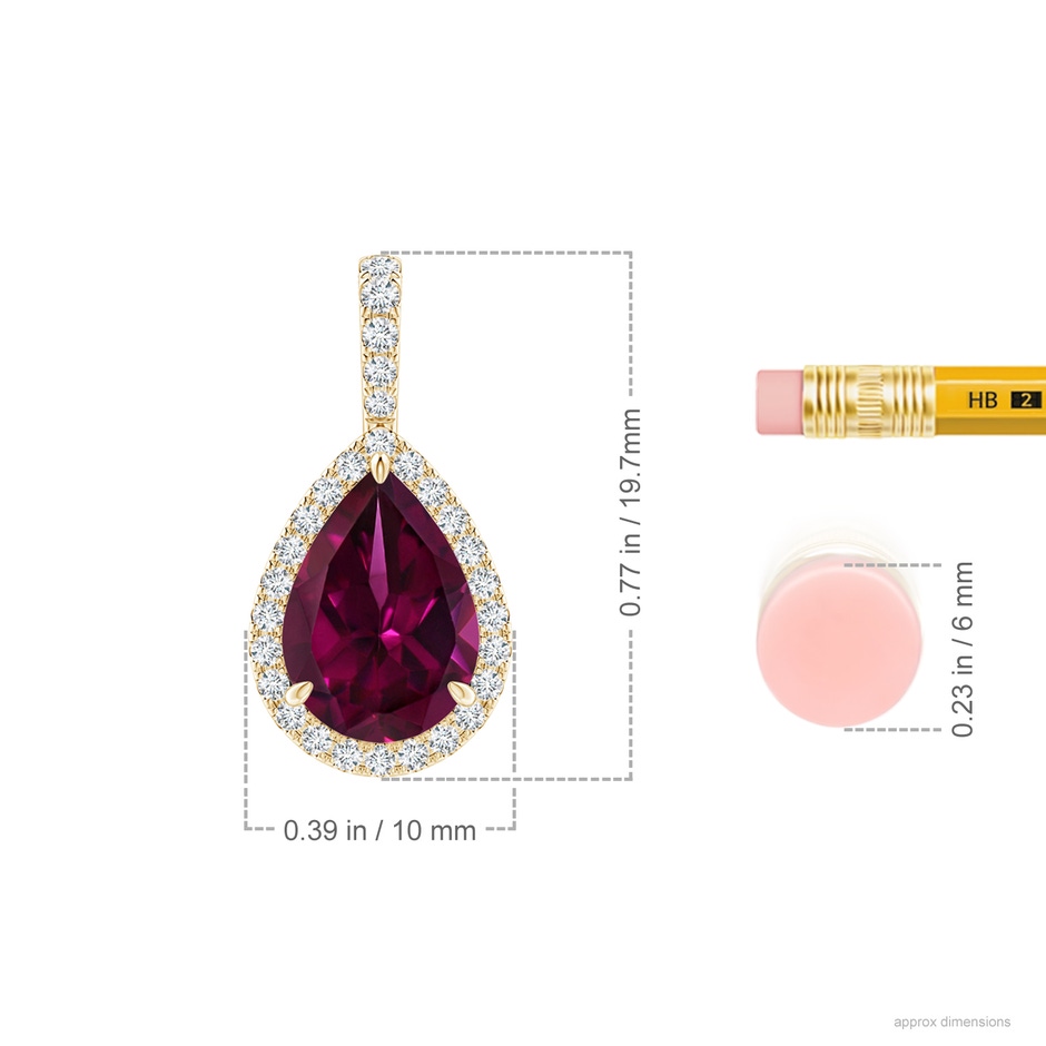 10x7mm AAAA Rhodolite Teardrop Pendant with Diamond Halo in Yellow Gold ruler