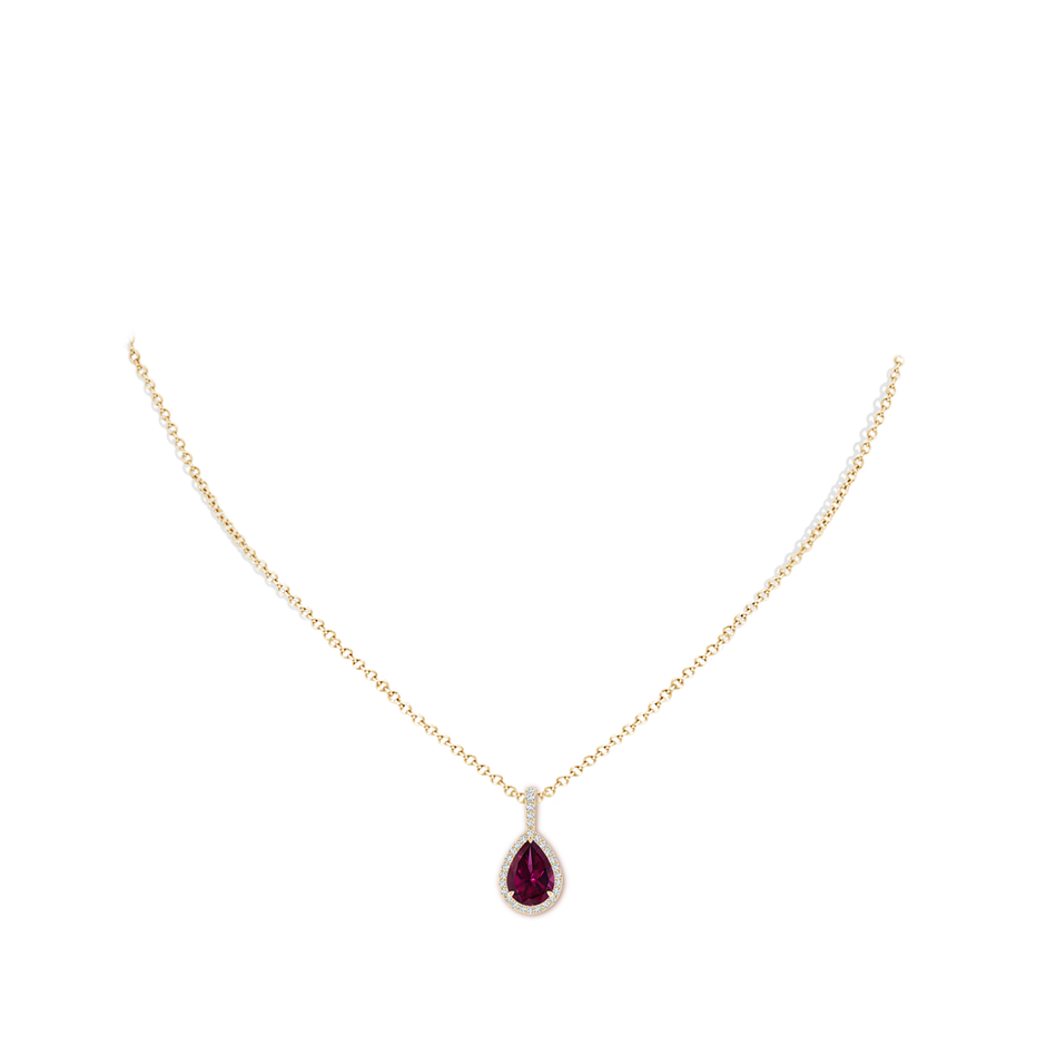 10x7mm AAAA Rhodolite Teardrop Pendant with Diamond Halo in Yellow Gold pen
