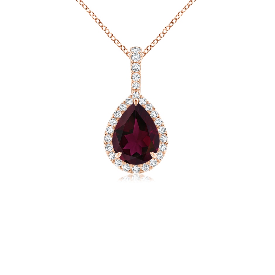 8x6mm A Rhodolite Teardrop Pendant with Diamond Halo in Rose Gold 