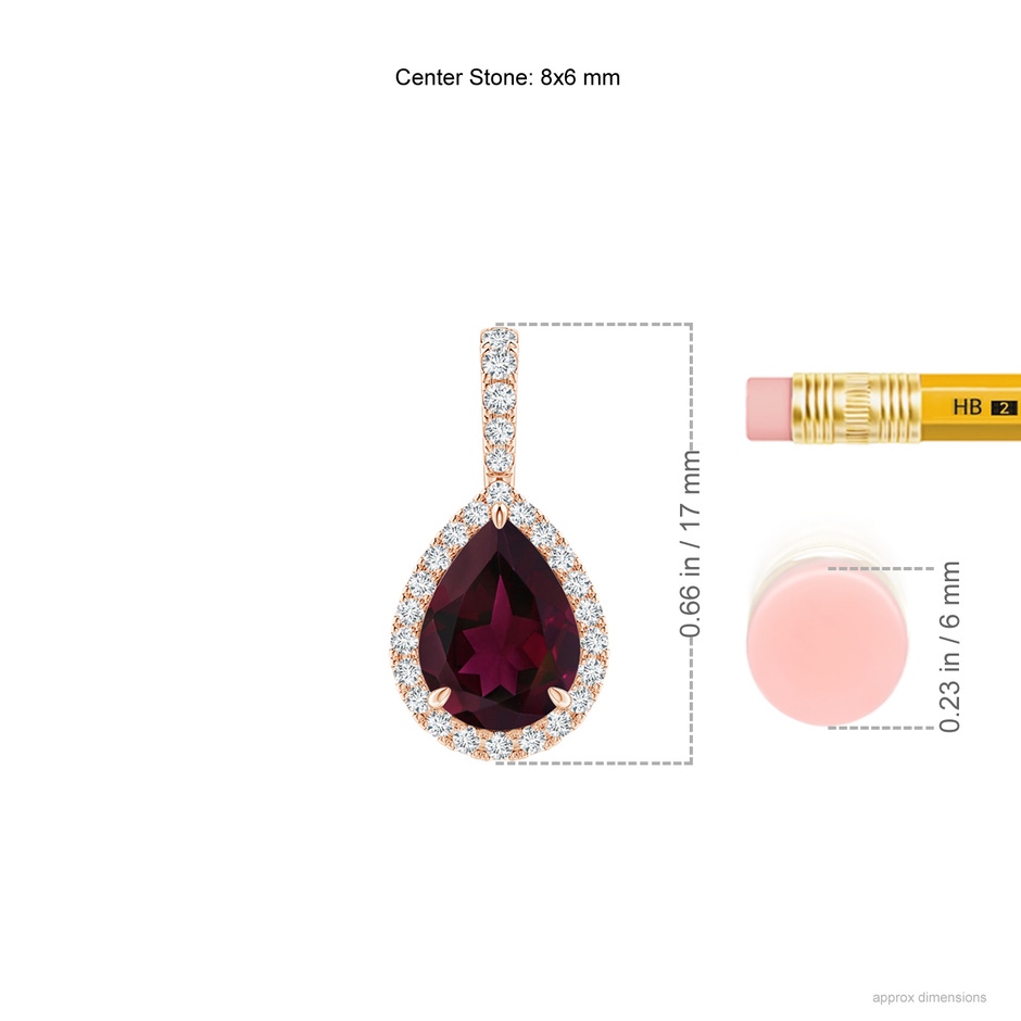 8x6mm A Rhodolite Teardrop Pendant with Diamond Halo in Rose Gold ruler