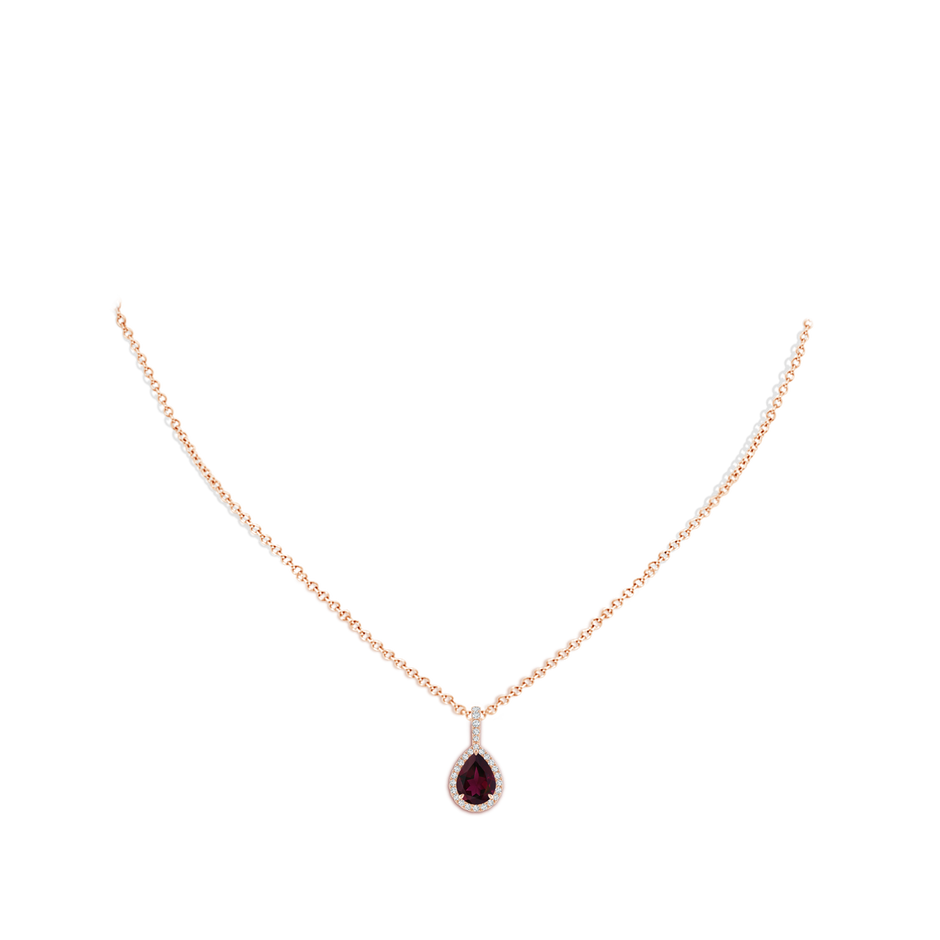 8x6mm A Rhodolite Teardrop Pendant with Diamond Halo in Rose Gold body-neck