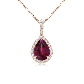 8x6mm AA Rhodolite Teardrop Pendant with Diamond Halo in Rose Gold