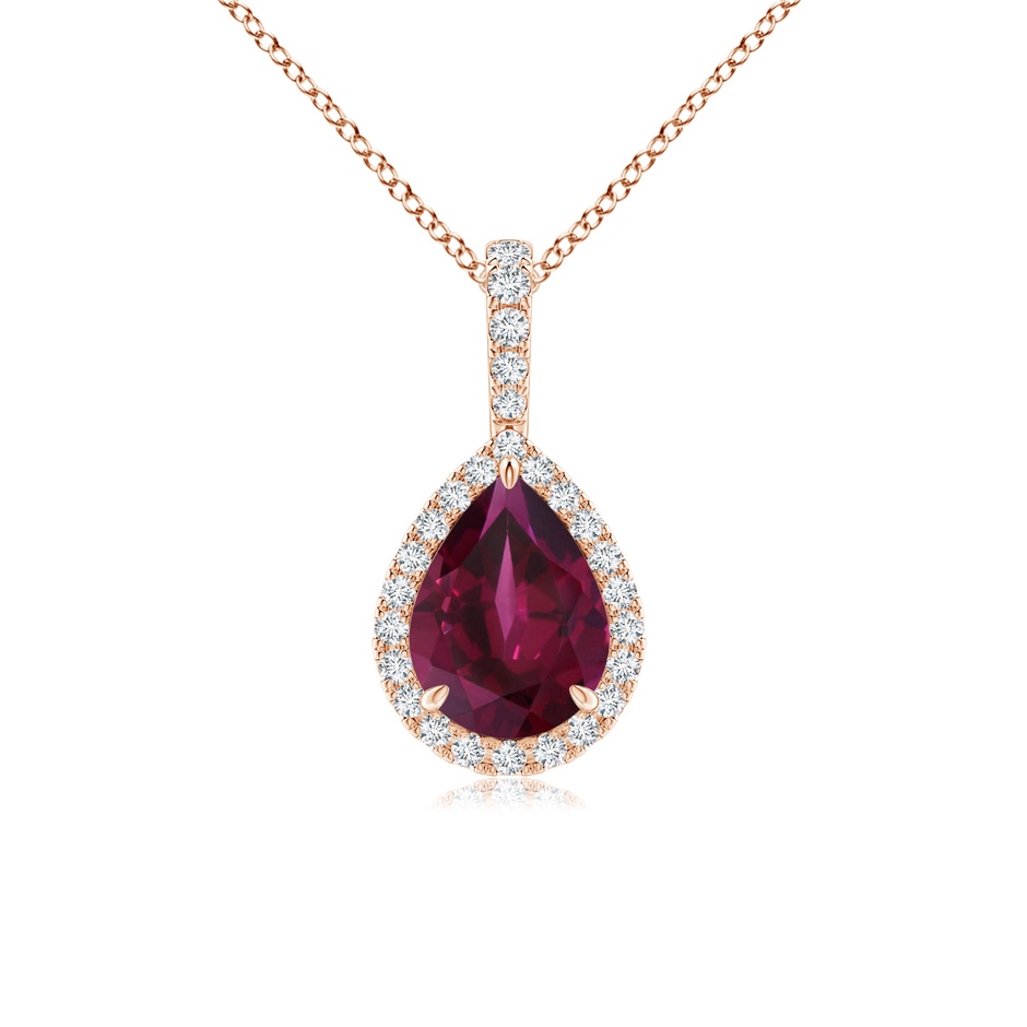 8x6mm AA Rhodolite Teardrop Pendant with Diamond Halo in Rose Gold 