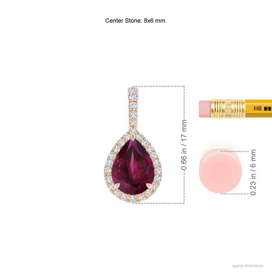 8x6mm AA Rhodolite Teardrop Pendant with Diamond Halo in Rose Gold ruler