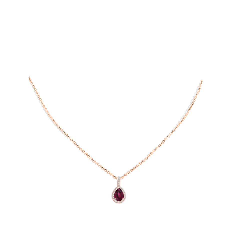 8x6mm AA Rhodolite Teardrop Pendant with Diamond Halo in Rose Gold body-neck