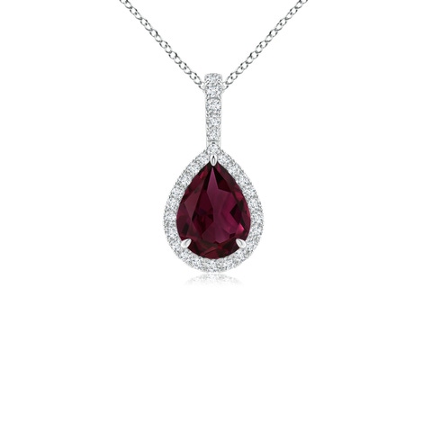 8x6mm AAA Rhodolite Teardrop Pendant with Diamond Halo in White Gold
